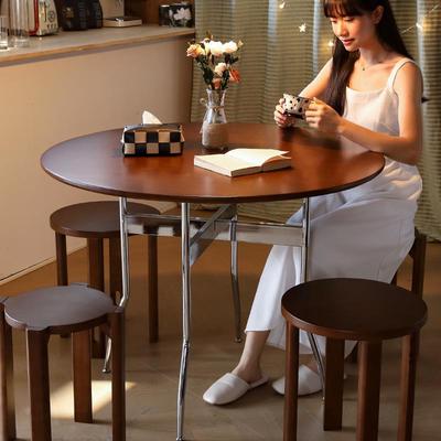 中古木餐桌椅组合家用复古不锈钢小圆桌子客厅饭桌椅子咖啡店洽谈