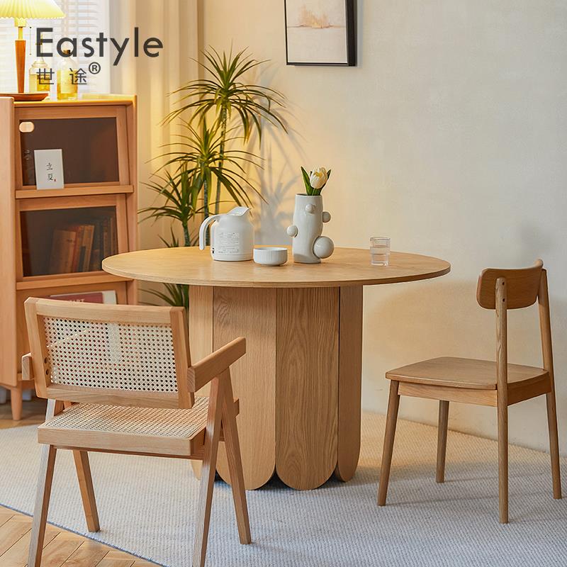北欧日式圆桌现代简约实木饰面圆形餐桌家用小户型吃饭餐桌椅组合