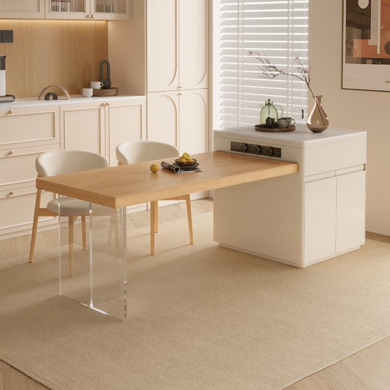 日式奶油风悬浮岛台加餐桌一体可伸缩家用小户型实木厨房高级倒台