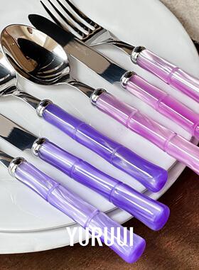 [YURUUI设计师]意大利Rivadossi紫粉色流光亚克力竹节不锈钢刀叉