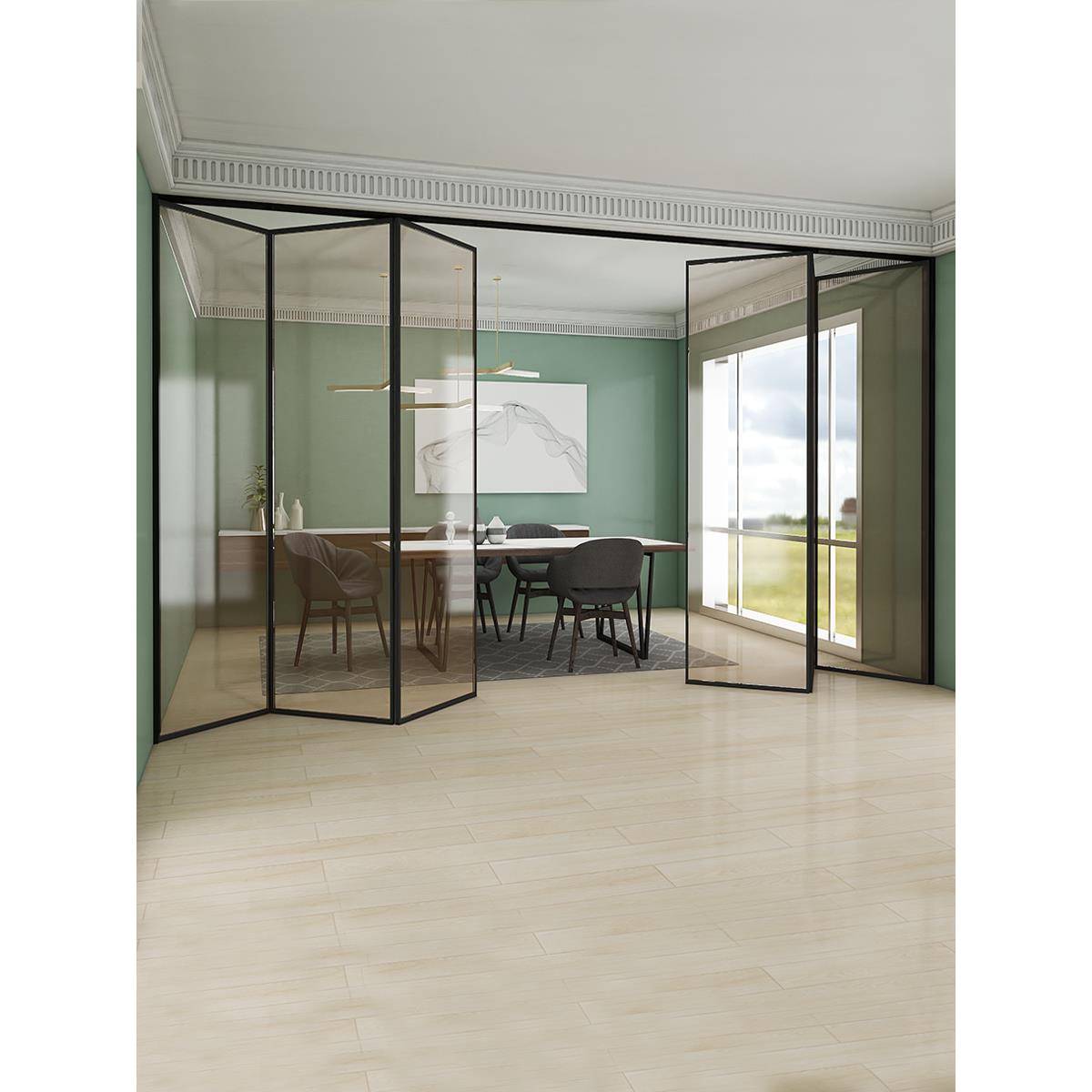 店铺极窄框玻璃折叠门铝合金铝自然色无轨咖啡厅阳台不锈钢推拉门