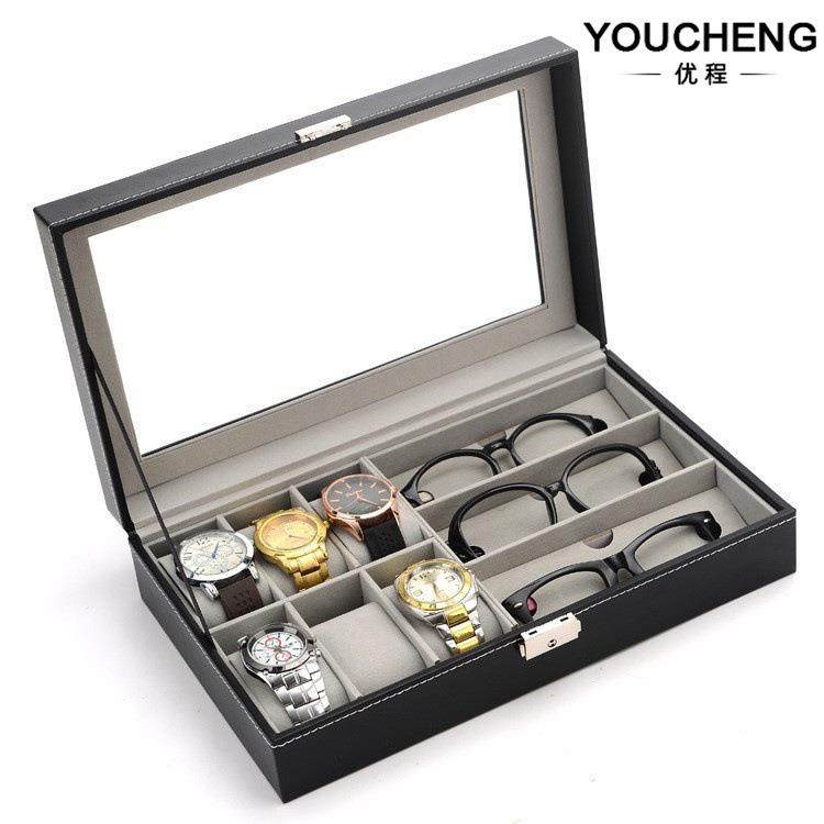 现货6位手表+3位眼镜盒黑色pu皮革眼镜收纳盒木质手表包装盒