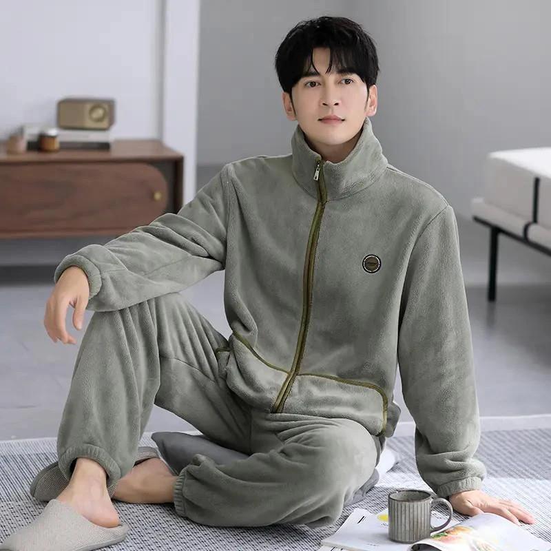 蓝科轻奢D睡衣男款冬加厚加绒冬珊瑚绒法L兰绒男拉链婴儿绒短绒套