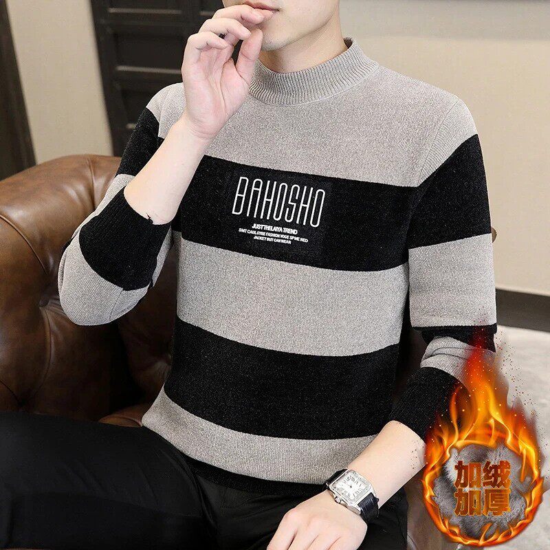 瑞恩轻奢服饰一体绒毛衣男秋冬季加绒加厚卫生衣潮流韩版针织打底