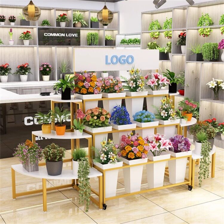 鲜花展示架花店转角落地式花架花店花架铁艺阶梯式多层鲜花陈列架