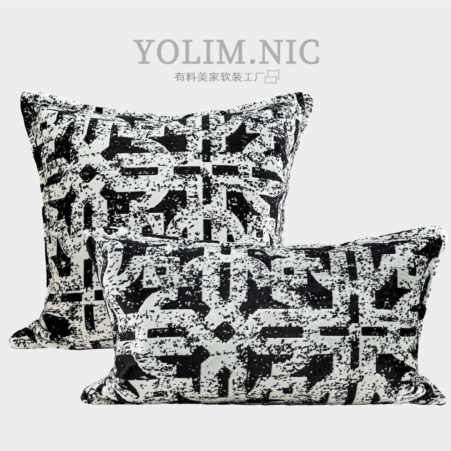 现代轻奢高级感沙发抱枕靠垫高端黑白色割绒提花样板房软装腰靠垫