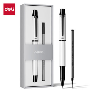 得力签字笔套装0.5mm子弹头(1支笔+1支笔芯/盒)商务高档笔黑色简约笔帽式日常书写商务办公中性笔套装清晰