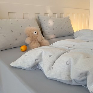 床上用品 A类母婴级双层纱四件套100全棉皱皱纱提花被罩床笠款