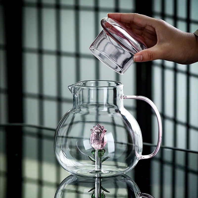 冷水壶立体玫瑰花茶壶耐热玻璃壶带把冷水壶泡茶壶家用大容量水壶图片