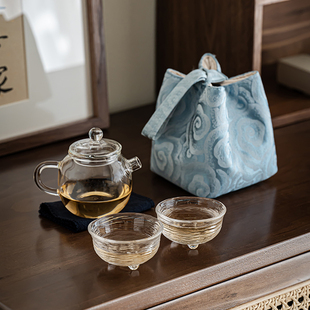 天雨粟 旅行茶具小壶户外简约快客杯功夫茶具 玻璃一壶两杯便携式