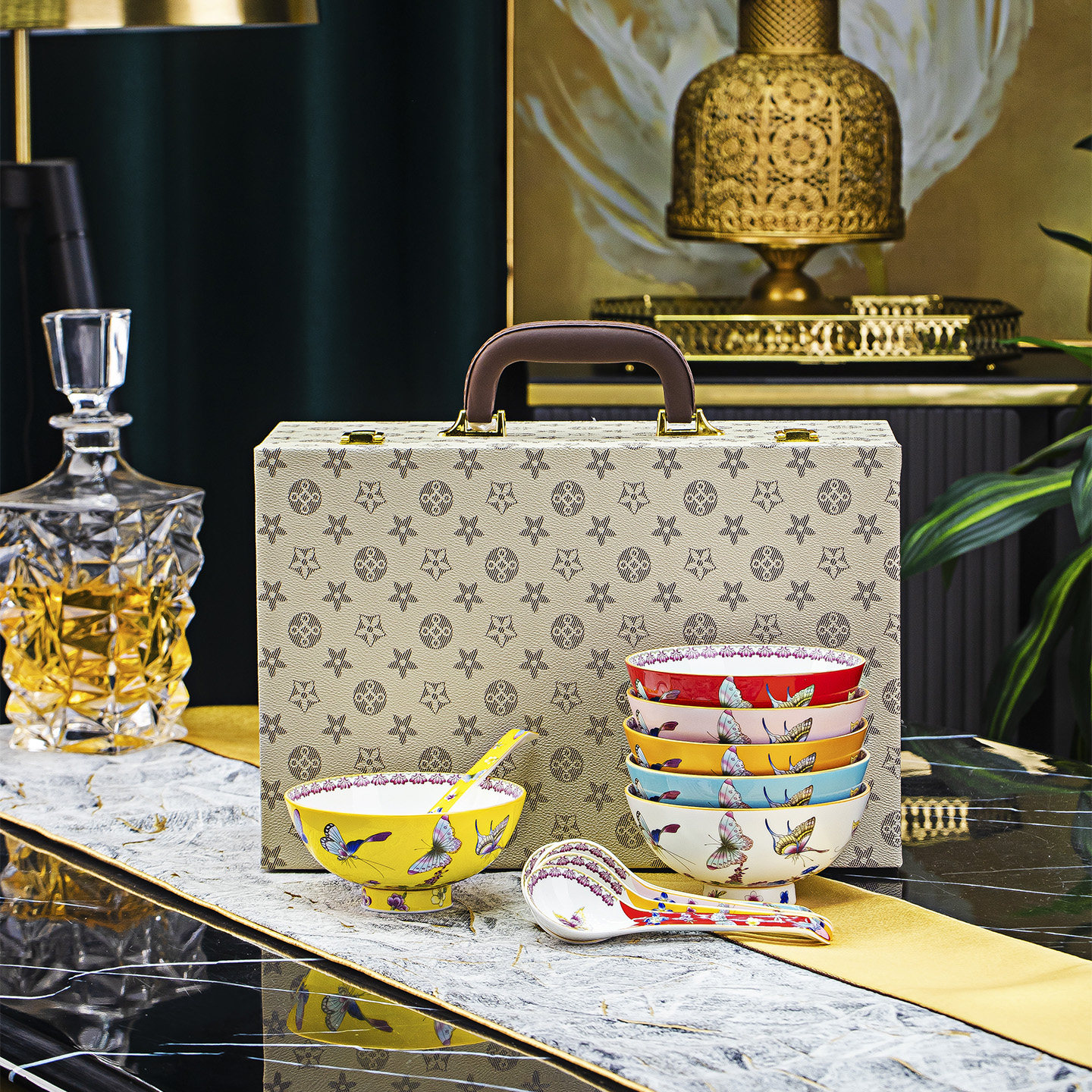 景德镇陶瓷餐具套装精致蝴蝶图案陶瓷碗勺礼盒装手提便携餐具套装,餐饮具,碗,淘宝优惠券,粉丝福利购,淘宝优惠卷