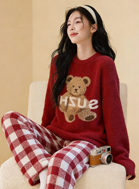 2026新年红可爱小熊半边绒睡衣女冬条纹加绒加厚珊瑚绒家居服L