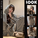 2026可爱小熊睡衣女冬季条纹连帽套装加厚珊瑚绒家居服kk