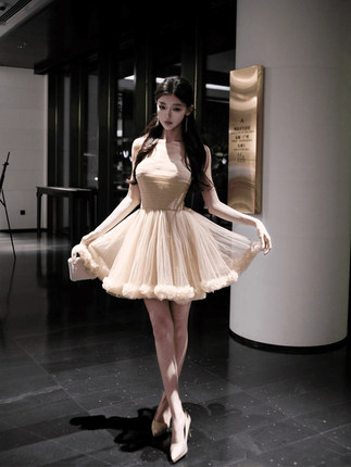 French-Style Pure and Elegant Champagne-Colored Sheer Dress for Women, Summer High-End Waist-Cinching Birthday Dress, Puffy Short Skirt