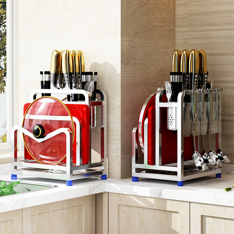 304不锈钢刀架置物架厨房多功能刀具菜刀砧板锅盖叉勺一体收纳架
