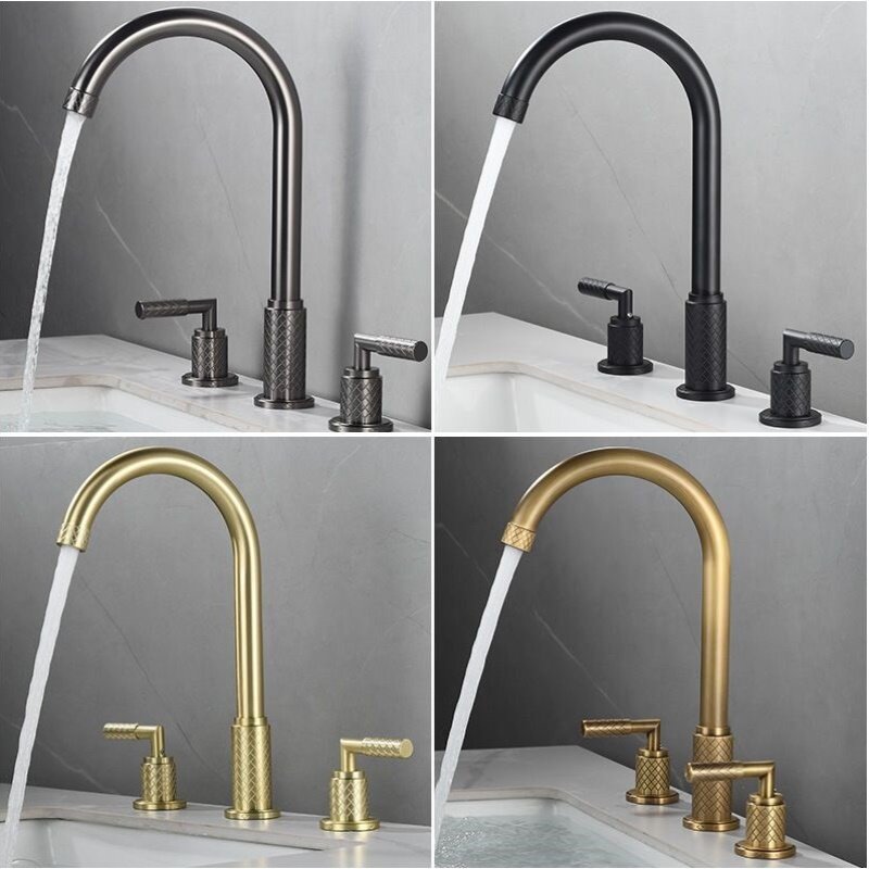 全铜双把分体式三孔面盆龙头可旋转洗脸盆浴室柜家用洗手盆水龙头