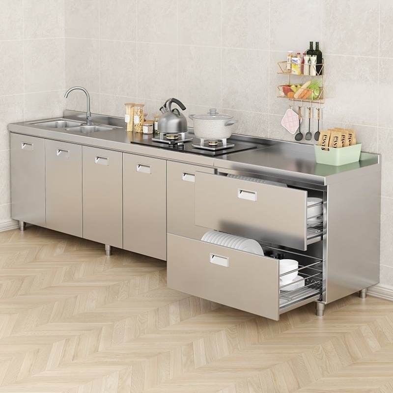 304不锈钢厨房橱柜农村家用灶台柜一体储物柜水槽柜免安装可定制