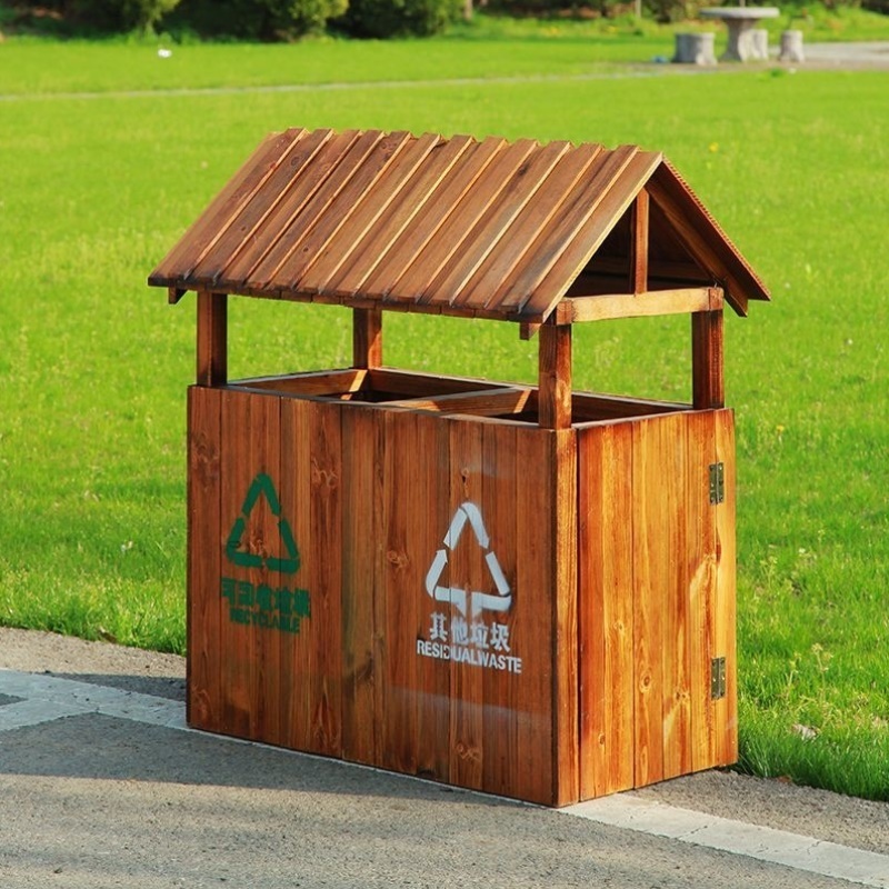防腐木垃圾桶户外实木垃圾桶公园木质垃圾分类箱景区碳化木垃圾桶