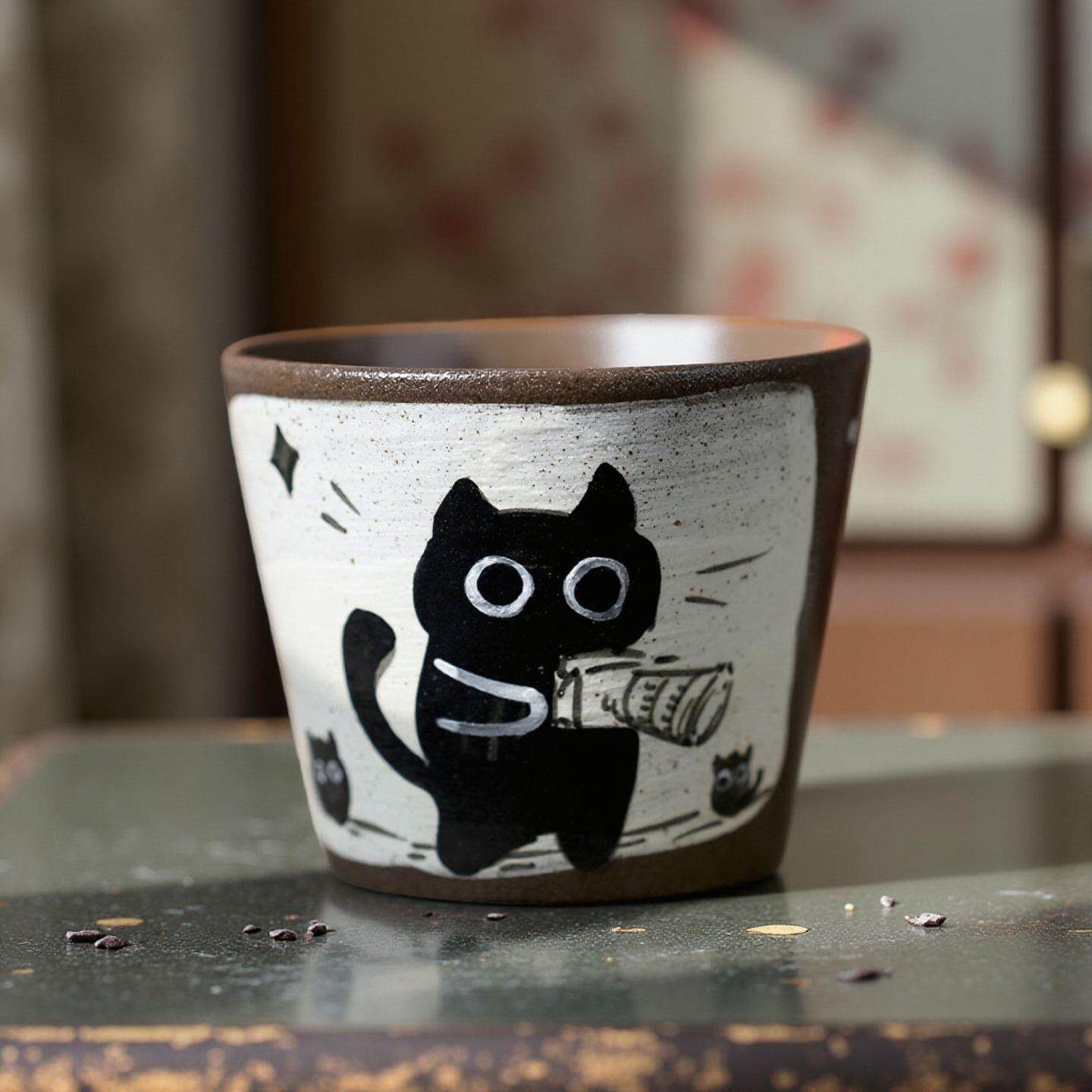 景德镇手绘釉下彩可爱猫咪猪口杯咖啡拉花杯下午茶手握杯茶杯陶瓷