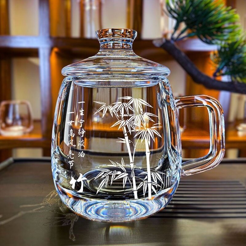 梅兰竹菊天然水晶茶杯原矿石带把家用水晶玻璃杯高级轻奢带盖加厚