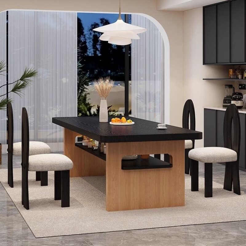 现代简约侘寂风饭桌椅组合家用民宿工作台书桌北欧中古全实木餐桌