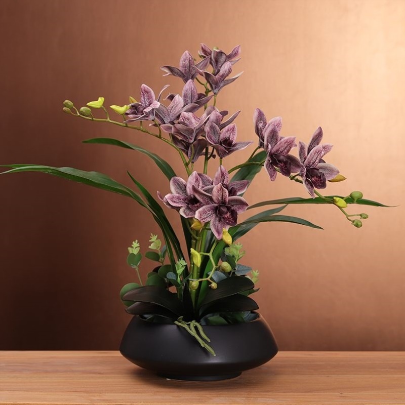 新款高级超自然大蕙兰仿真花家居客厅电视柜玄关空调上装饰假花