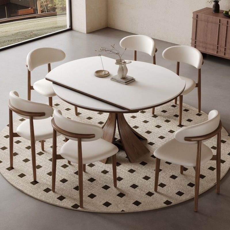 法式复古伸缩岩板餐桌椅组合小户型意式简约窈窕实木圆形家用饭桌