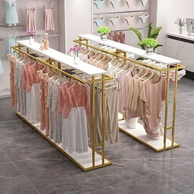 中岛落地服装货架展示架简约男女装晾衣架双排室内外双杠侧挂衣架