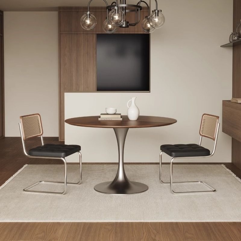 复古风黑胡桃木餐桌圆桌实木家用小户型中古风不锈钢圆形餐桌饭桌