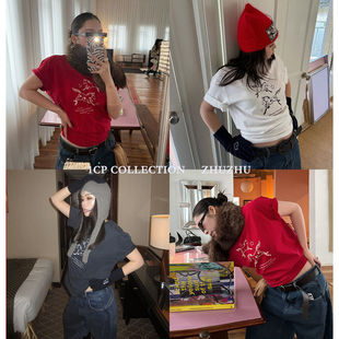 1CP 红色本命年趣味小马图案T恤女2026新款白色内搭短袖上衣藏青