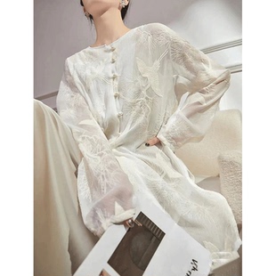 夏季高级新中式重工绣花松鹤长春刺绣雪纺衬衫式连衣裙防晒长袖