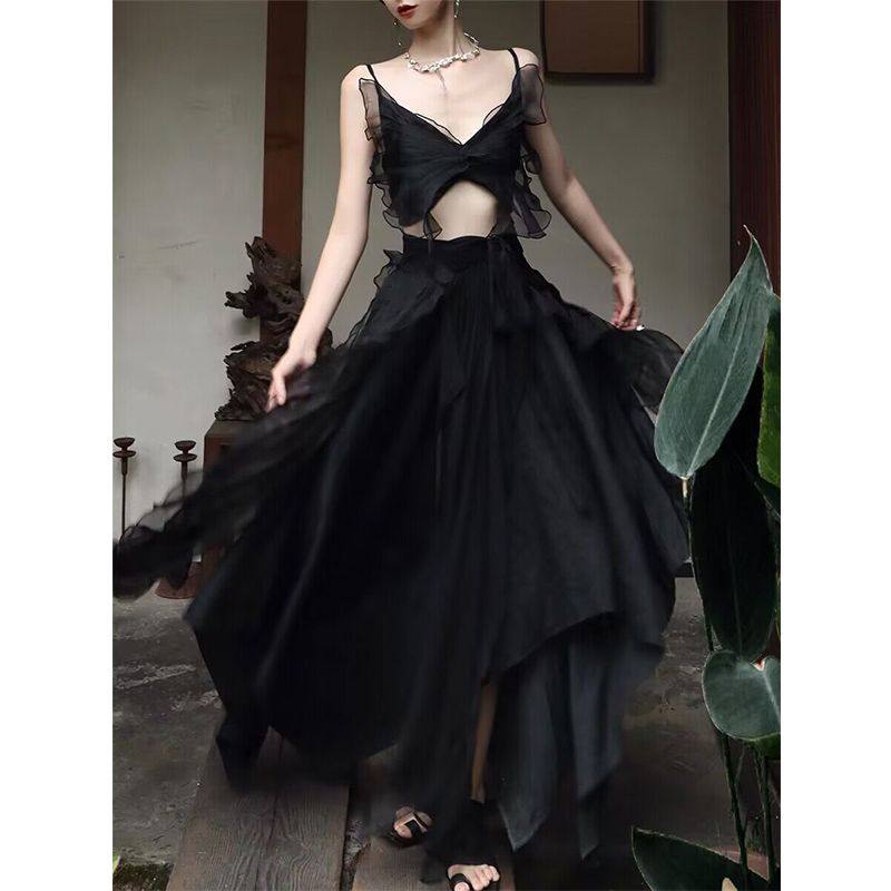 夏季黑色浪漫飘逸蝴蝶吊带背心+原创长款仙半身裙两件套