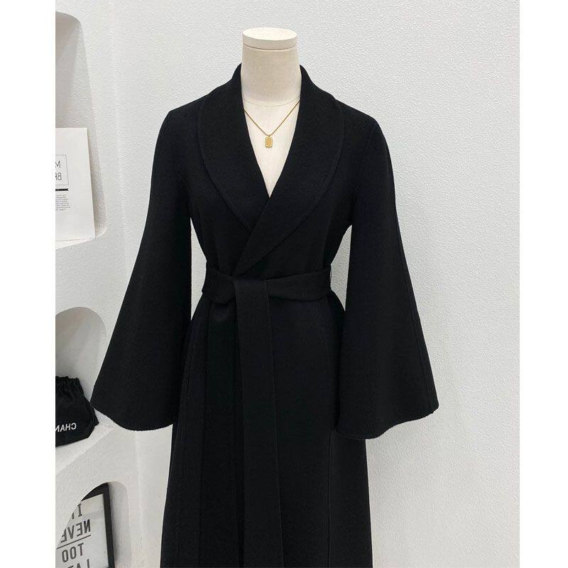 韩系高级感气质黑色毛呢外套女款冬季新款赫本风休闲收腰呢子大衣