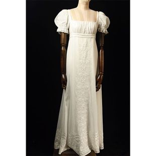 复古日系古着感小众帝政风刺绣泡泡袖连衣裙时尚收腰长款裙子