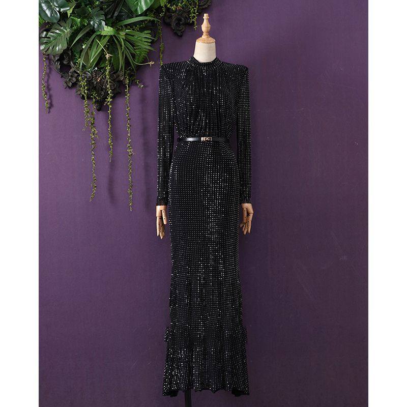 名媛气质重工烫钻修身褶皱包臀鱼尾连衣裙齐地长裙礼服