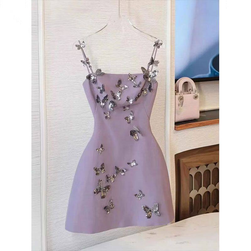 紫色温柔风立体蝴蝶吊带连衣裙女小众设计感高端洋气生日礼服裙子