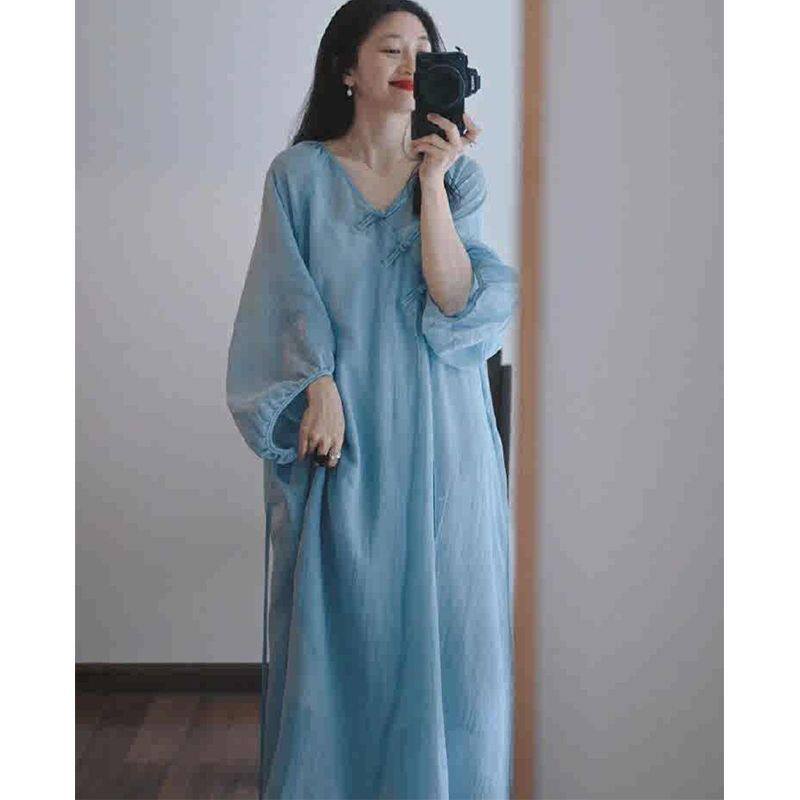 开春气质穿搭冷淡系独特别致裙子新中式绝美超好看蓝色连衣裙