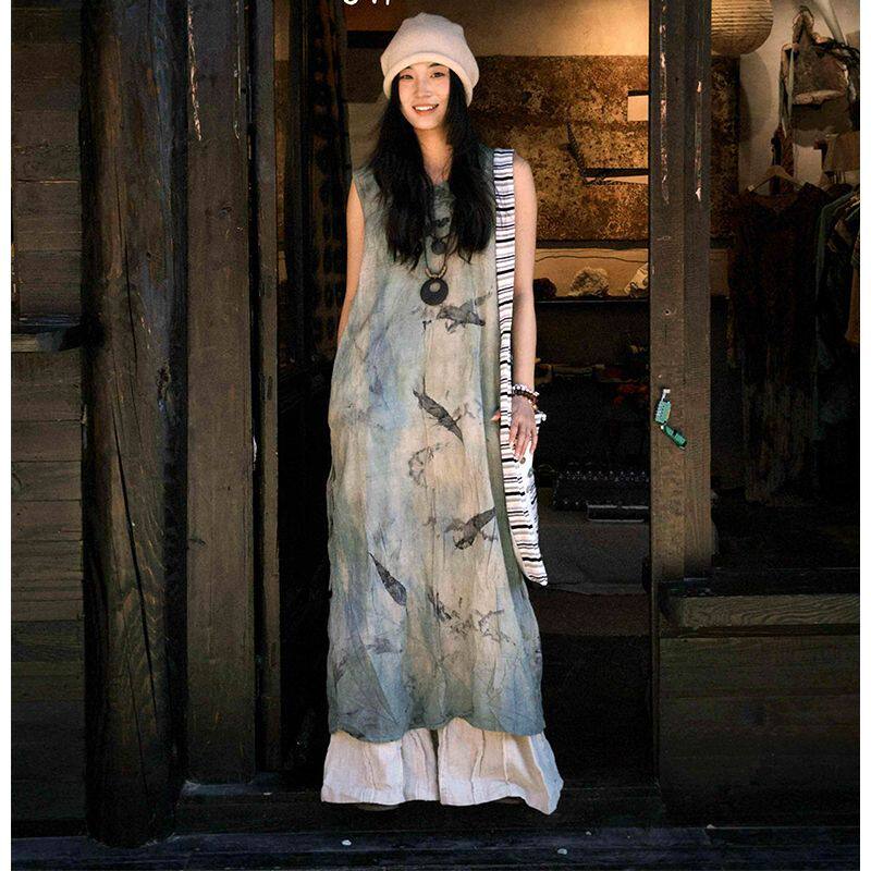 一整套ootd穿搭慵懒风宽松水墨画连衣裙阔腿裤两件套装女夏季新款