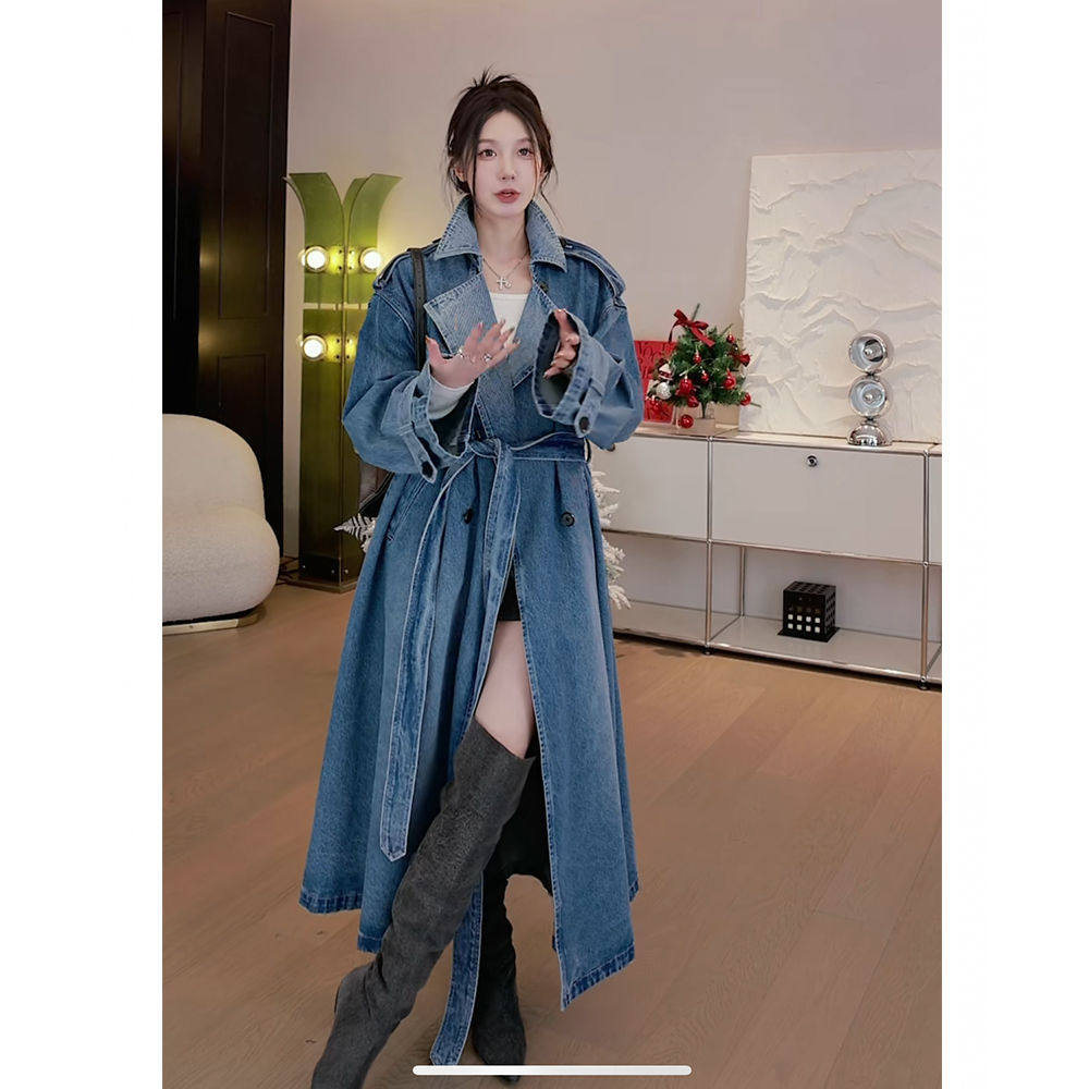 水洗牛仔风衣外套女2024