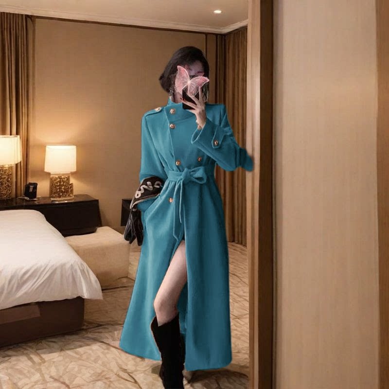 高级感蓝色立领毛呢大衣