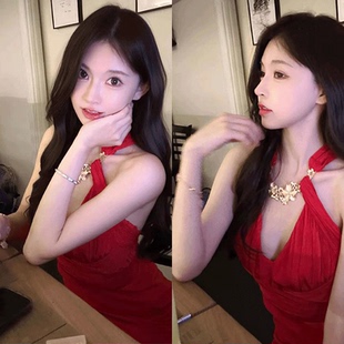 暗夜玫瑰红色镂空褶皱收腰挂脖连衣裙女御姐高级感派对聚会礼服裙