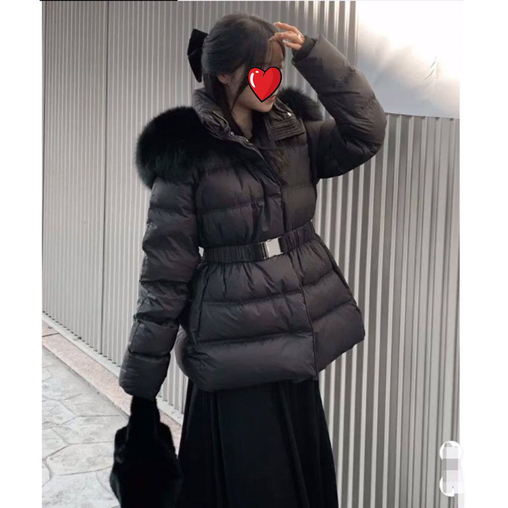 2024新款仿狐狸大毛领连帽羽绒棉服收腰显瘦中长款加厚上衣冬季