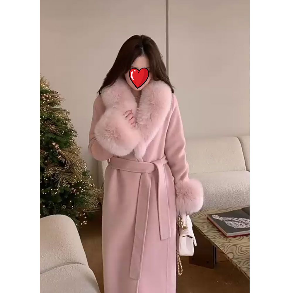 粉红佳人 高级感双面呢大衣冬新款仿狐狸毛领皮草外套女