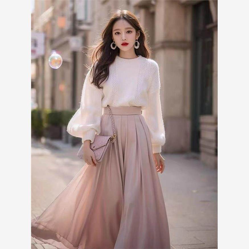 奶系穿搭秋天针织套装冬装搭配一整套奶fufu白色毛衣半身裙两件套