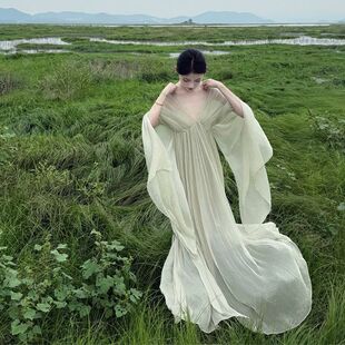 清冷感慵懒风长裙影楼摄影连衣裙禅意风新娘晨袍新款气质