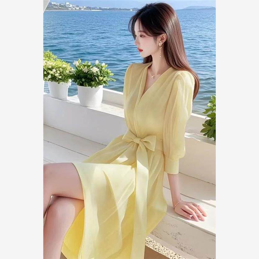 2025春季新款女装漂亮长裙子法式气质收腰高级感超好看黄色连衣裙