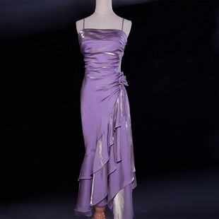 高级成人礼2025荷叶吊带紫色夏季人鱼礼服高端法式生日长款连衣裙