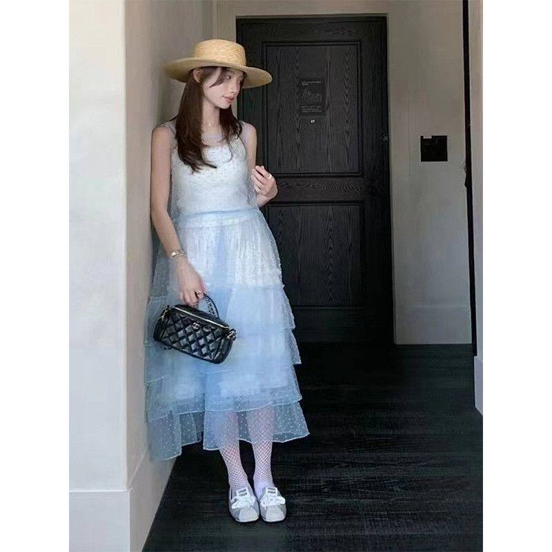 蓝色仙女裙裙子叠穿网纱