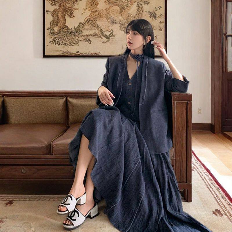 秋季原宿风气质高级感遮肚显瘦西装+长款半身裙三件套装