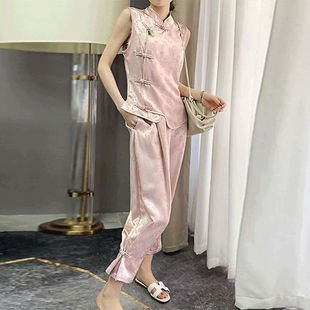 新中式国风女装富婆名媛高级感粉色盘扣马甲裤子套装夏季